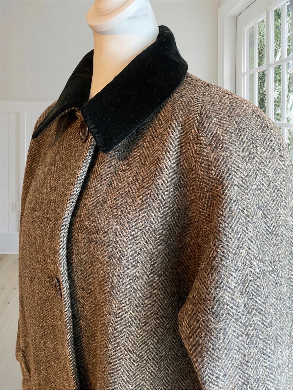 JONES NEW YORK Vintage Wool Tweed Velvet Collar Coat Women's L XL Herringbone 80 - Picture 3 of 16